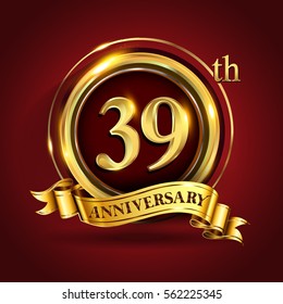 Celebrating 39th golden anniversary, thirty nine years birthday logo celebration with gold ring and golden ribbon.