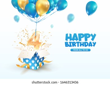 Celebrating of 4 th years birthday vector 3d illustration. Fourth anniversary celebration. Open gift box with explosions confetti and number four flying on balloons on light background