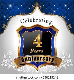 celebrating 4 years anniversary, Golden sheild with blue royal emblem background - vector eps10