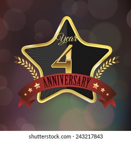 Celebrating 4 Years Anniversary - Golden Star with Laurel Wreath Seal with Red Golden - Layered EPS 10 Vector.