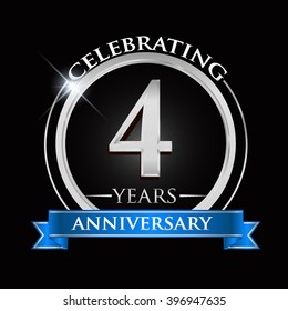 Celebrating 4 years anniversary logo. with silver ring and blue ribbon.