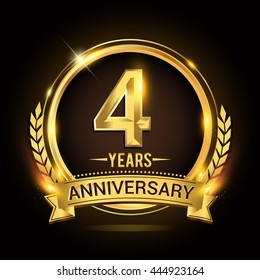 Celebrating 4 years anniversary logo with golden ring and ribbon, laurel wreath vector design.