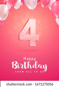 Celebrating of 4 years birthday vector 3d illustration. Four years anniversary and  with balloons poster template.