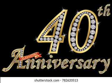 Celebrating  40th anniversary golden sign with diamonds, vector illustration