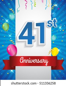 Celebrating 41st Anniversary logo, with confetti and balloons, red ribbon, Colorful Vector design template elements for your invitation card, flyer, banner and poster.