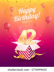 Celebrating 42 nd years birthday vector illustration. Forty two anniversary celebration invitation card. Adult birth day. Open gift box with numbers two and four flying