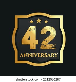 Celebrating 42nd years anniversary with golden border and stars on dark background, vector design.
