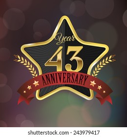 Celebrating 43 Years Anniversary - Golden Star with Laurel Wreath Seal with Red Golden - Layered EPS 10 Vector.