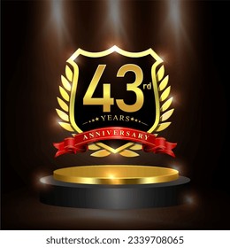 Celebrating 43 years anniversary logo with golden shield and ribbon, laurel wreath, cylinder podium vector design.