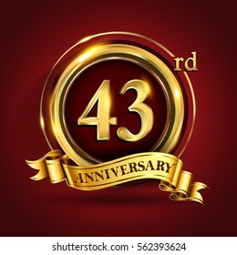 Celebrating 43rd golden anniversary, forty three years birthday logo celebration with gold ring and golden ribbon.