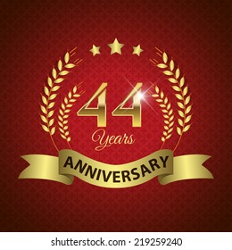 Celebrating 44 Years Anniversary - Golden Laurel Wreath Seal with Golden Ribbon - Layered EPS 10 Vector