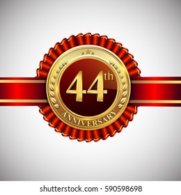 Celebrating 44th anniversary logo, with golden badge and red ribbon isolated on white background.