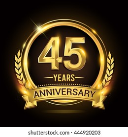 Celebrating 45 years anniversary logo with golden ring and ribbon, laurel wreath vector design.