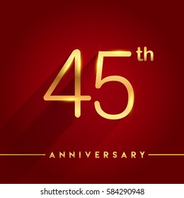 Celebrating of 45 years anniversary, logotype golden colored isolated on red background, vector design for greeting card and invitation card