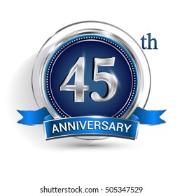 Celebrating 45th anniversary logo, with silver ring and blue ribbon isolated on white background.