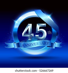Celebrating 45th anniversary logo, with silver ring and blue ribbon isolated on gradient background.
