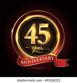 Celebrating 45th anniversary template logo with golden ring and red ribbon.
