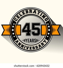 Celebrating 45th years anniversary logo vintage emblem with yellow ribbon. Retro vector background.