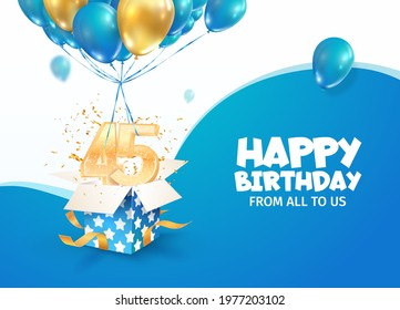 Celebrating 45th years birthday vector illustration. Forty five anniversary celebration. Adult birth day. Open gift box with numbers three and eight flying on balloons