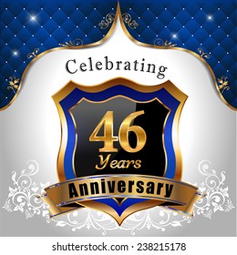 celebrating 46 years anniversary, Golden sheild with blue royal emblem background - vector eps10