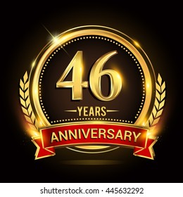 Celebrating 46 years anniversary logo with golden ring and red ribbon.