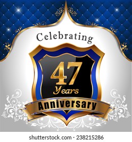 celebrating 47 years anniversary, Golden sheild with blue royal emblem background - vector eps10