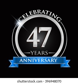 Celebrating 47 years anniversary logo. with silver ring and blue ribbon.