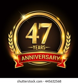 Celebrating 47 years anniversary logo with golden ring and red ribbon.