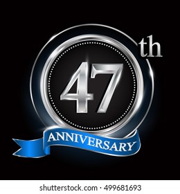 Celebrating 47th anniversary logo. with silver ring and blue ribbon.