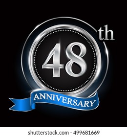 Celebrating 48th anniversary logo. with silver ring and blue ribbon.