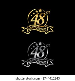 Celebrating the 48th anniversary logo,star shape, with gold and silver rings and gradation ribbons isolated on a black background.EPS 10