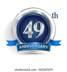 Celebrating 49th anniversary logo, with silver ring and blue ribbon isolated on white background