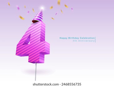 Celebrating 4th anniversary. 3D pastel colored candle number 4 wearing a party hat. Multi-colored ribbons were scattered behind. Use for birthdays, weddings, company anniversaries. Vector file.