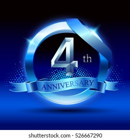 Celebrating 4th anniversary logo, with silver ring and blue ribbon isolated on gradient background.