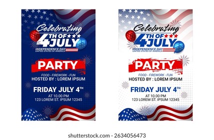 Celebrating 4th of July, set of abstract backgrounds waving USA flag background, fourth july party invitation, brochure, flyer 