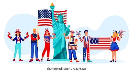 Celebrating 4th of July, USA Independence Day. Vector cartoon characters illustration. Happy people in patriotic costumes in american flag colors and Statue of Liberty. Holidays party design elements