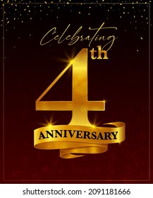 celebrating 4th year anniversary vector banner greeting card template. fourth golden with golden ribbon and confetti on red and black background
