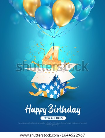 Celebrating of 4th years birthday vector 3d illustration. 4 years anniversary celebration. Open gift box with number four flying on balloons on blue background