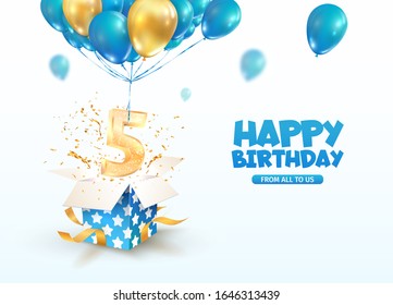 Celebrating of 5 th years birthday vector 3d illustration. Fifth anniversary celebration. Open gift box with explosions confetti and number five flying on balloons on light background