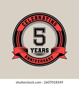 Celebrating 5 year anniversary logo vintage emblem with red ribbon, Retro vector design isolated on white background