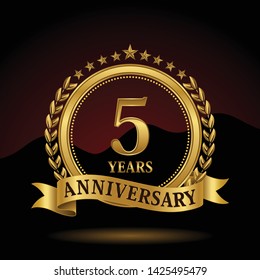 Celebrating 5 years anniversary with golden ring and ribbon on dark background, vector design.