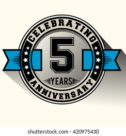 Celebrating 5 years anniversary logo vintage emblem with blue ribbon. Retro vector background.