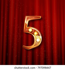 Celebrating of 5 years anniversary, logotype golden colored isolated on the background of a red curtain. Vector illustration