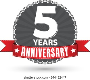 Celebrating 5 years anniversary retro label with red ribbon, vector illustration