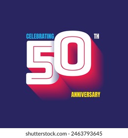 Celebrating 50 years anniversary 3d logo with modern typography on blue background. 50th anniversary emblem design. 50 age Birthday celebration template, poster, banner, greeting card.