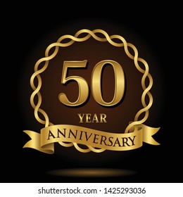 Celebrating 50 years anniversary with golden ring and ribbon on dark background, vector design.