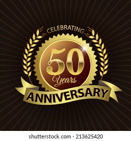 Celebrating 50 Years Anniversary - Golden Laurel Wreath Seal With Golden Ribbon - Layered EPS 10 Vector