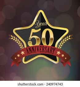 Celebrating 50 Years Anniversary - Golden Star with Laurel Wreath Seal with Red Golden - Layered EPS 10 Vector.