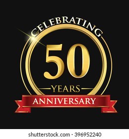 Celebrating 50 years anniversary logo. with golden ring and red ribbon.

