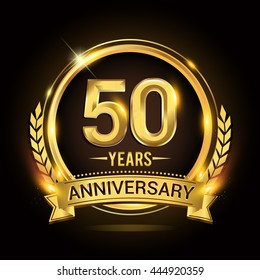Celebrating 50 years anniversary logo with golden ring and ribbon, laurel wreath vector design.